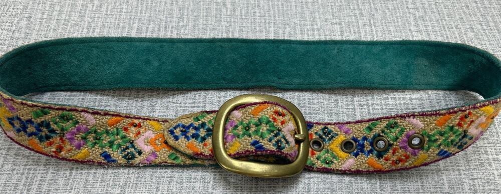 Embroidered Beaded Suede Belt S Boho Folk Brass Buckle Statement Boho Colorful